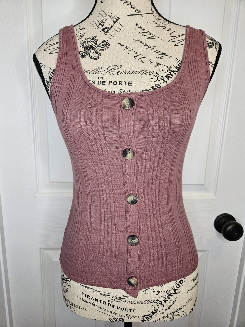 American Eagle Women's Ribbed Tank Top Faux Button-Front Mauve Size XS Stretch